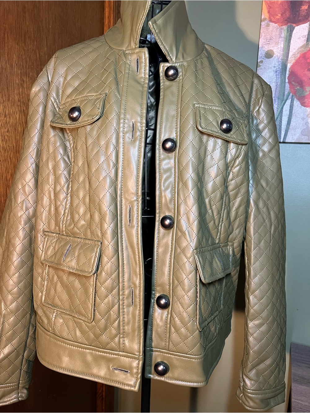 Quilted Faux Leather Women's Jacket in Army Green